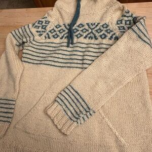 Hand Crafted Wool Cream and Blue Turtleneck Sweater